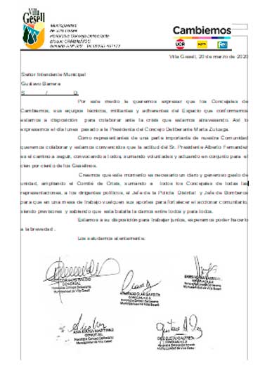 La misiva de Cambiemos fue agradecida por el Intendente Barrera, quien agradeció el apoyo