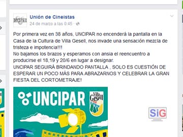 El anuncio de la suspensiòn en la web de UNCIPAR